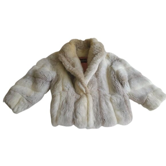 VTG 80s American Signature Size 11/12 Glamorous Fluffy Faux Fur Coat Cream Gray - Picture 1 of 13
